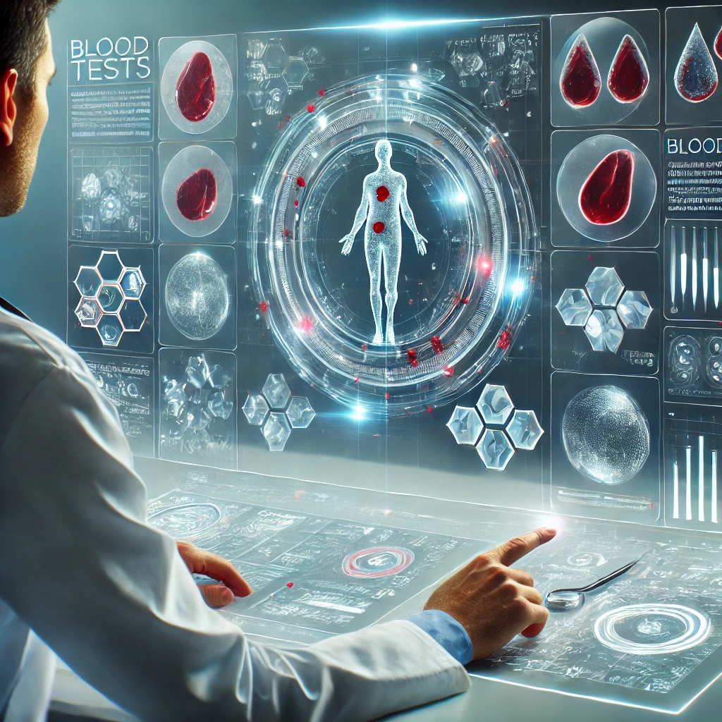 especialista analizando resultados de sangre en una pantalla digital avanzada, con elementos holográficos que representan inteligencia artificial y procesamiento de datos.